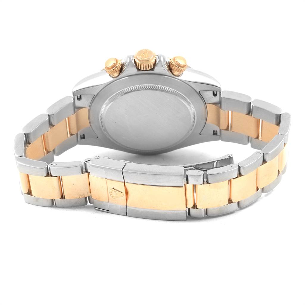 The image shows the back view of a Rolex Daytona 116523 Men's Steel and Gold (two tone) Black Dial 116523 Men's Steel and Gold (two tone) Black Dial watch, highlighting the bracelet and case back.