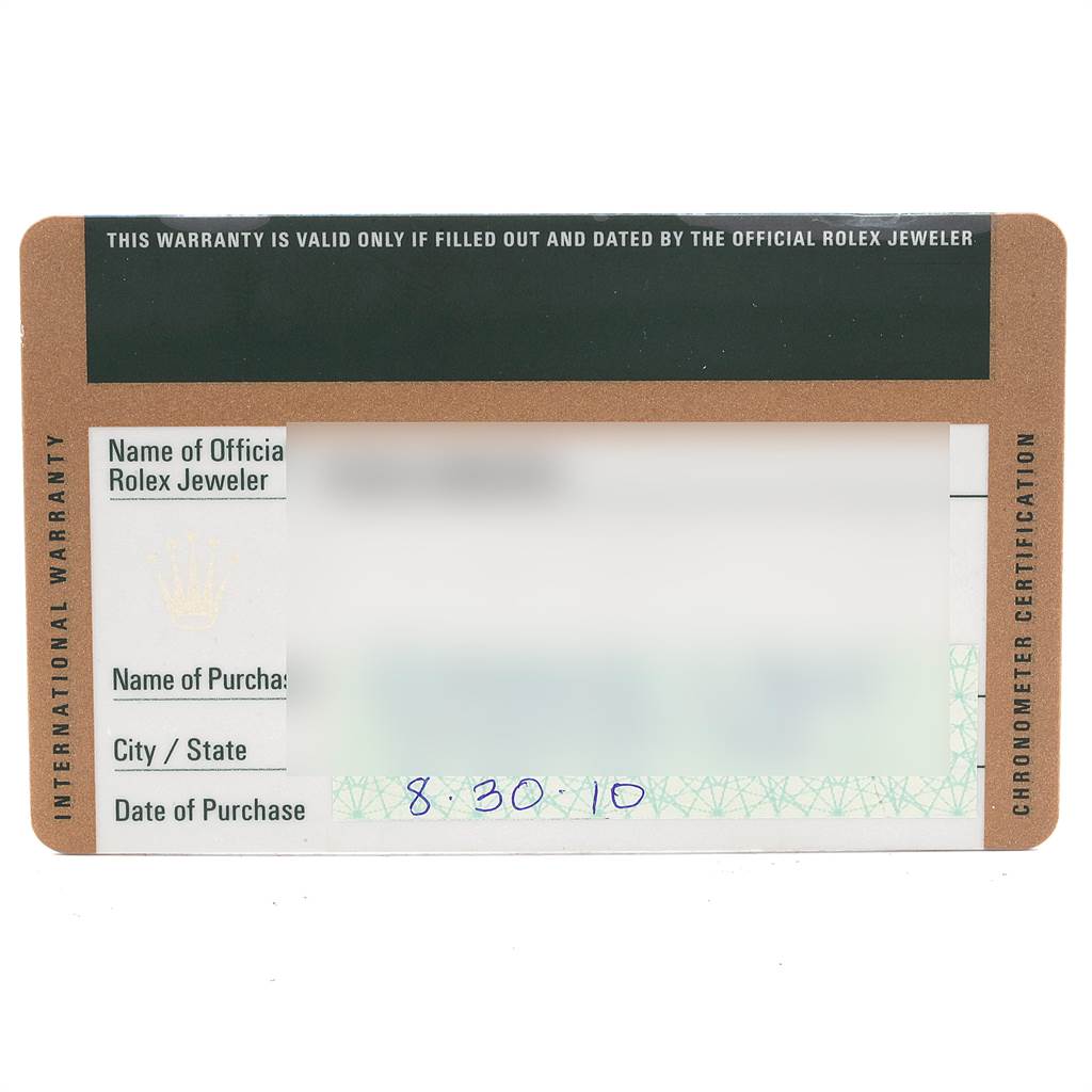 This image shows the International Warranty card for a Rolex Daytona 116523 Men's Steel and Gold (two tone) Black Dial 116523 Men's Steel and Gold (two tone) Black Dial watch.