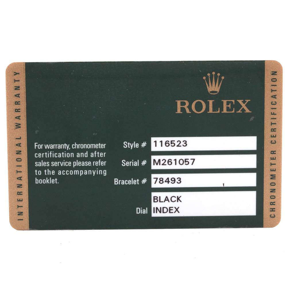 This image shows the warranty card for the Rolex Daytona 116523 Men's Steel and Gold (two tone) Black Dial 116523 Men's Steel and Gold (two tone) Black Dial, with details like style, serial number, bracelet number, and dial type.