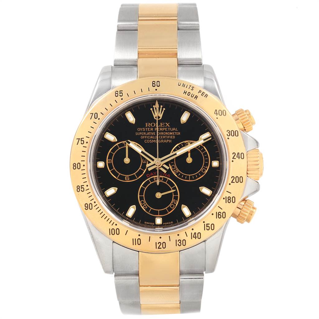 The image shows a Rolex Daytona 116523 Men's Steel and Gold (two tone) Black Dial 116523 Men's Steel and Gold (two tone) Black Dial watch with a black dial, gold bezel, gold and silver bracelet, and chronograph subdials.