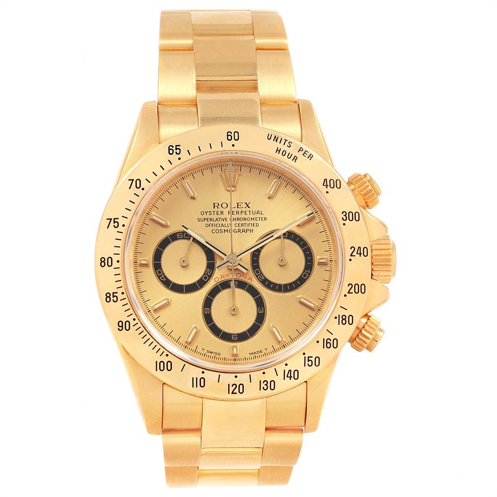 The Rolex Daytona 16528 Men's Yellow Gold Champagne Dial 16528 Men's Yellow Gold Champagne Dial watch is shown from the front, displaying its dial, bezel, and bracelet.