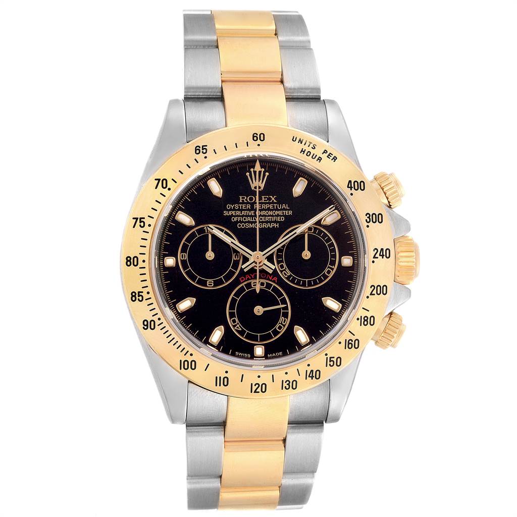 The Rolex Daytona 116523 Men's Steel and Gold (two tone) Black Dial 116523 Men's Steel and Gold (two tone) Black Dial watch is shown from the front, highlighting its two-tone bracelet, gold bezel, and black chronograph dial.