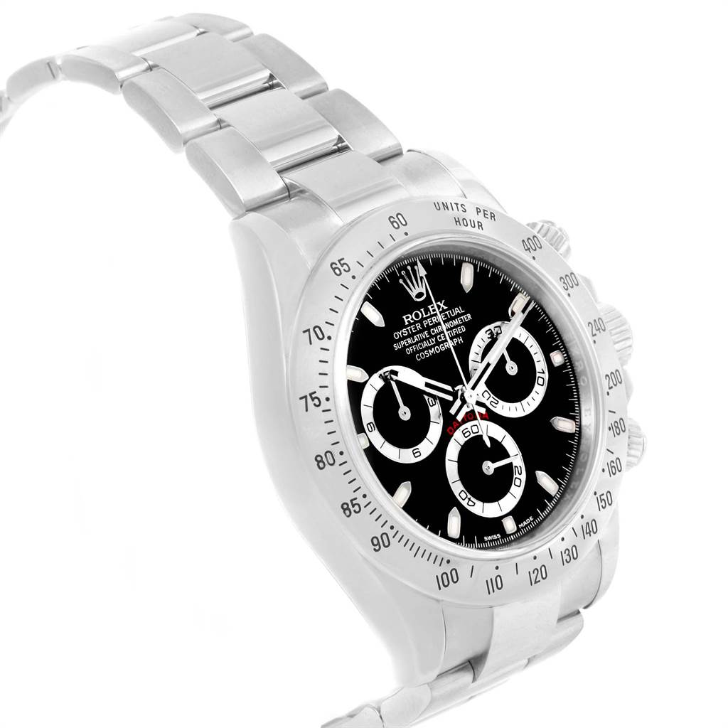 The image shows a Rolex Daytona 116520 Men's Stainless Steel Black Dial 116520 Men's Stainless Steel Black Dial watch angled from the side to display its bracelet, bezel, and dial.