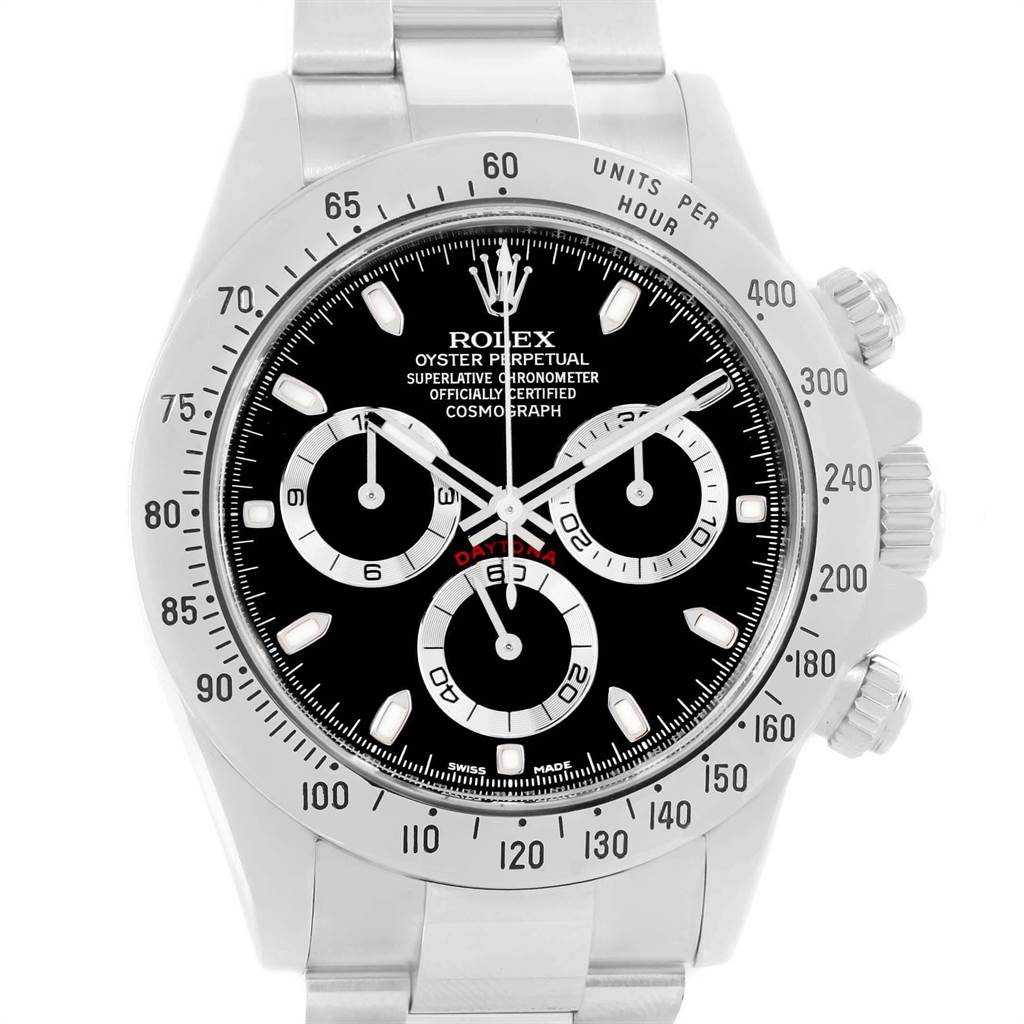 This image shows a front view of the Rolex Daytona 116520 Men's Stainless Steel Black Dial 116520 Men's Stainless Steel Black Dial watch, highlighting the bezel, dial, subdials, and bracelet.
