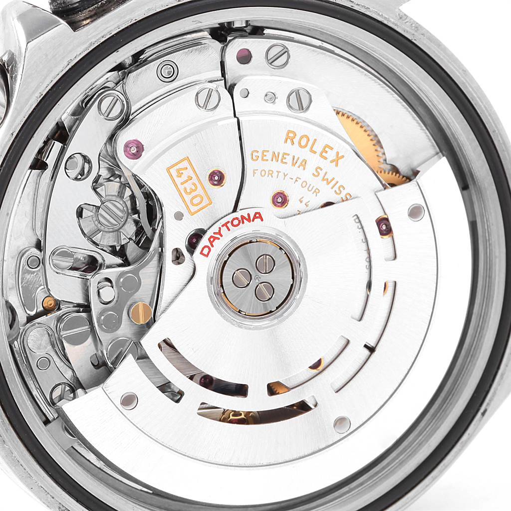 This image shows the Rolex Daytona 116520 Men's Stainless Steel Black Dial 116520 Men's Stainless Steel Black Dial watch's intricate movement mechanism from a close-up back angle.