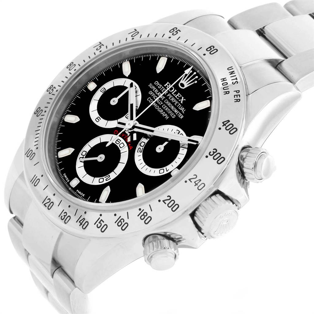 The image shows a close-up of the Rolex Daytona 116520 Men's Stainless Steel Black Dial 116520 Men's Stainless Steel Black Dial watch at an angle, displaying the dial, bezel, crown, and bracelet.
