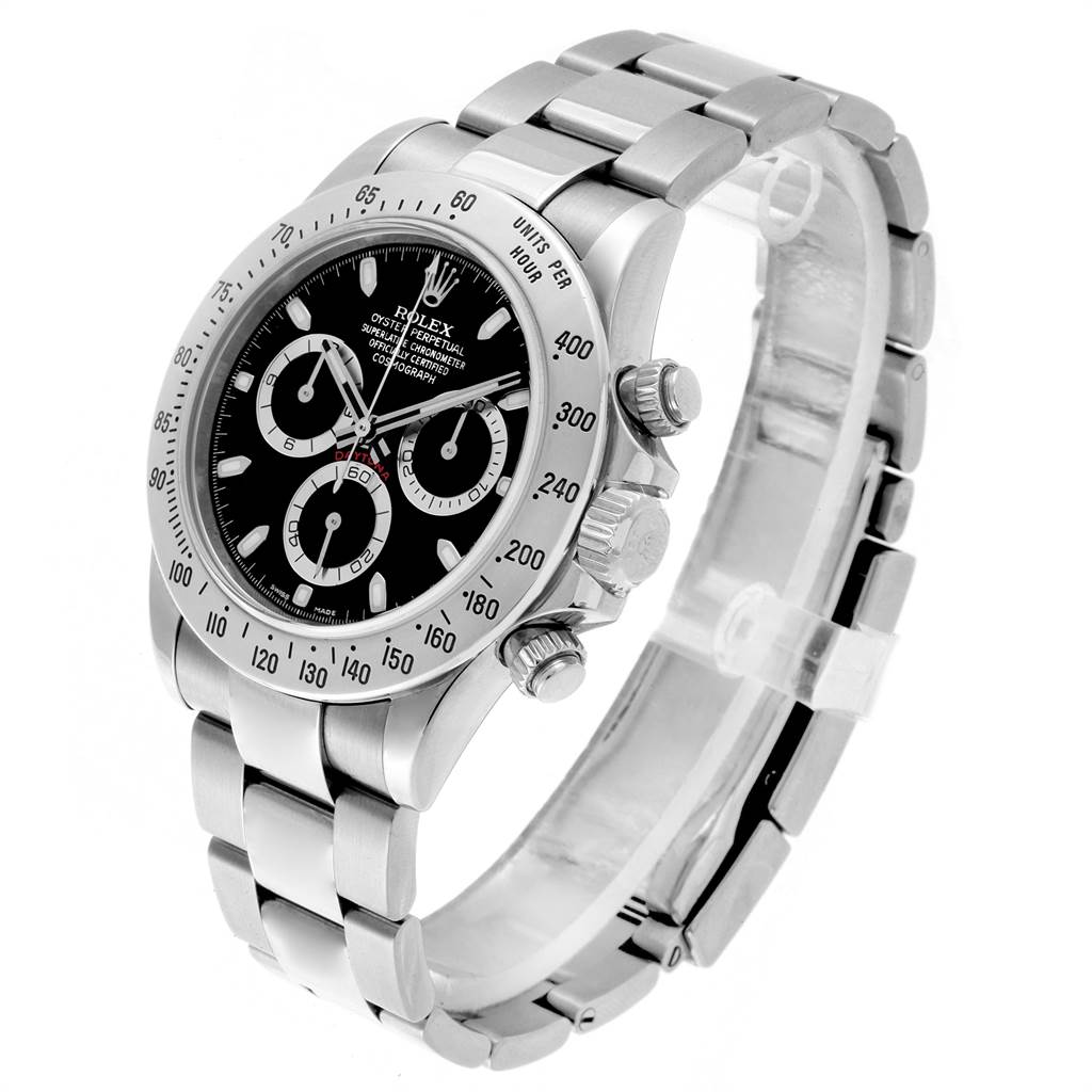 The image shows a side angle of the Rolex Daytona 116520 Men
s Stainless Steel Black Dial 116520 Men
s Stainless Steel Black Dial watch, highlighting its bezel, crown, pushers, and stainless steel bracelet.