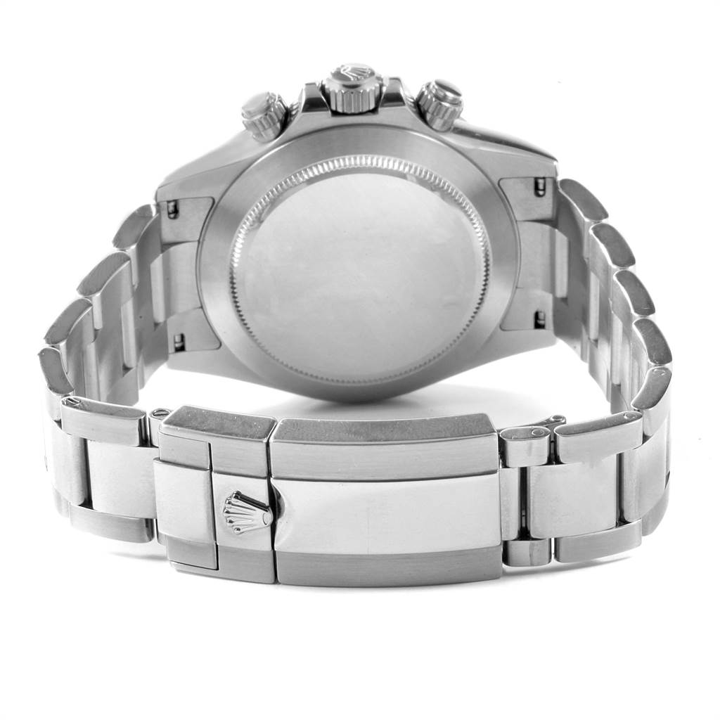 This image shows the Rolex Daytona 116520 Men
s Stainless Steel Black Dial 116520 Men
s Stainless Steel Black Dial watch from the back, highlighting its case back, bracelet, and clasp.