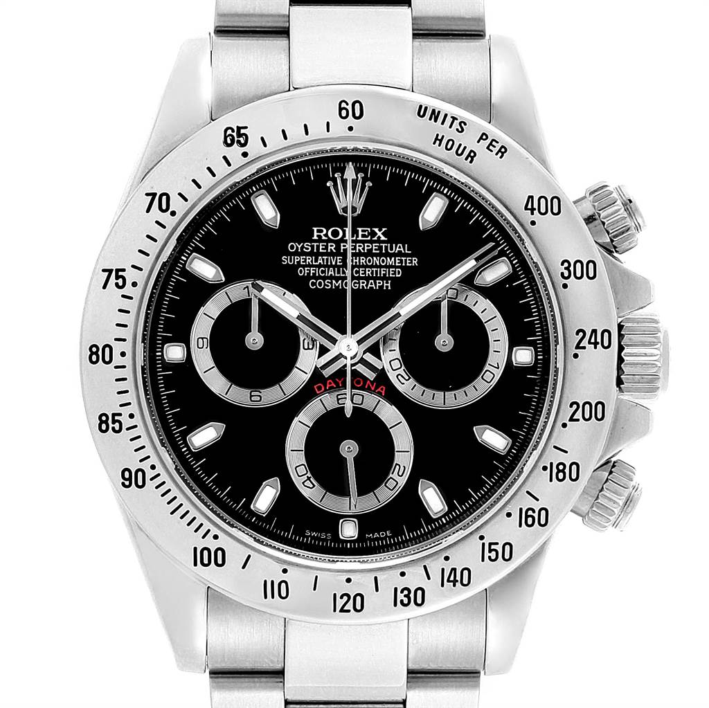 This image shows a front view of a Rolex Daytona 116520 Men
s Stainless Steel Black Dial 116520 Men
s Stainless Steel Black Dial watch, highlighting the face, bezel, and chronograph subdials.