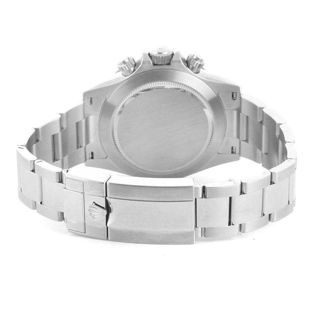 The image shows the back view and clasp of a Rolex Daytona 116500 Men's Stainless Steel Black Dial 116500 Men's Stainless Steel Black Dial watch, highlighting the bracelet and case back.