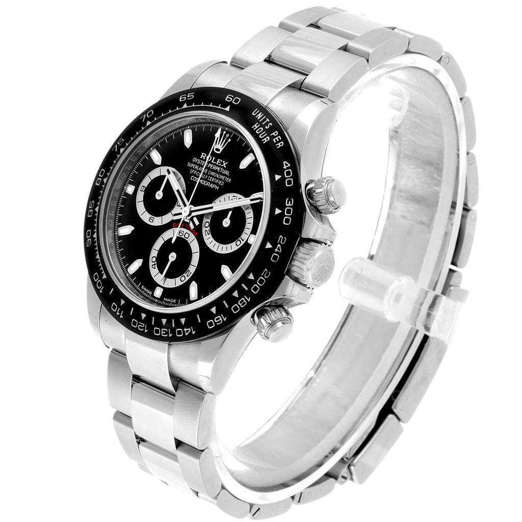 This image shows a Rolex Daytona 116500 Men's Stainless Steel Black Dial 116500 Men's Stainless Steel Black Dial watch from a three-quarter angle, highlighting the face, bezel, crown, and bracelet.