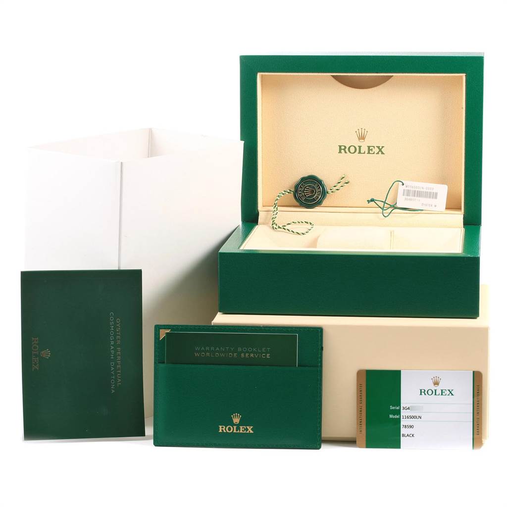 The image shows the packaging, warranty card, booklet, and tags for a Rolex Daytona 116500 Men's Stainless Steel Black Dial 116500 Men's Stainless Steel Black Dial watch.