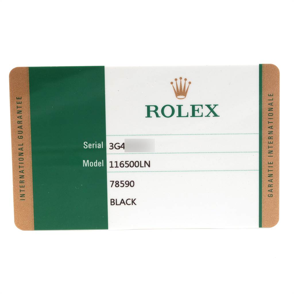 The image shows a Rolex Daytona 116500 Men's Stainless Steel Black Dial 116500 Men's Stainless Steel Black Dial model 116500LN warranty card, displaying serial number and model details.