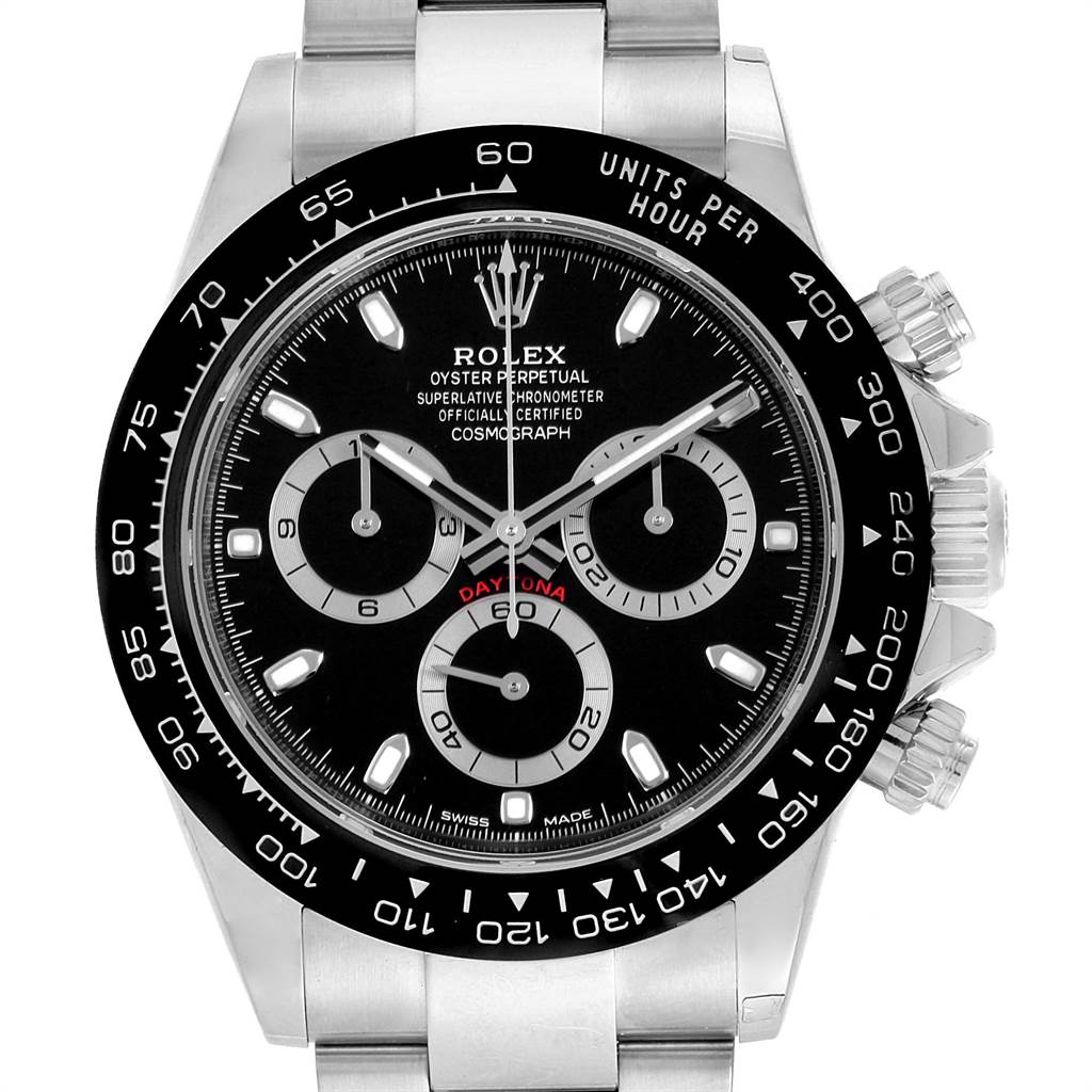 The image shows a front view of the Rolex Daytona 116500 Men's Stainless Steel Black Dial 116500 Men's Stainless Steel Black Dial, showcasing the dial, bezel, and pushers.