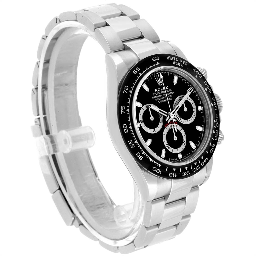This image shows a side view of the Rolex Daytona 116500 Men's Stainless Steel Black Dial 116500 Men's Stainless Steel Black Dial watch highlighting its bracelet, case, and black dial.