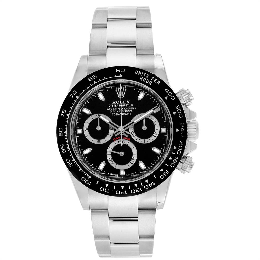 The image shows a frontal view of a Rolex Daytona 116500 Men's Stainless Steel Black Dial 116500 Men's Stainless Steel Black Dial, highlighting its dial, bezel, subdials, and bracelet.