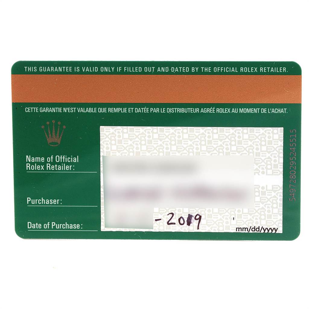 This image shows a guarantee card for the Rolex Daytona 116500 Men's Stainless Steel Black Dial 116500 Men's Stainless Steel Black Dial model, filled out with purchase details and a date in 2019.