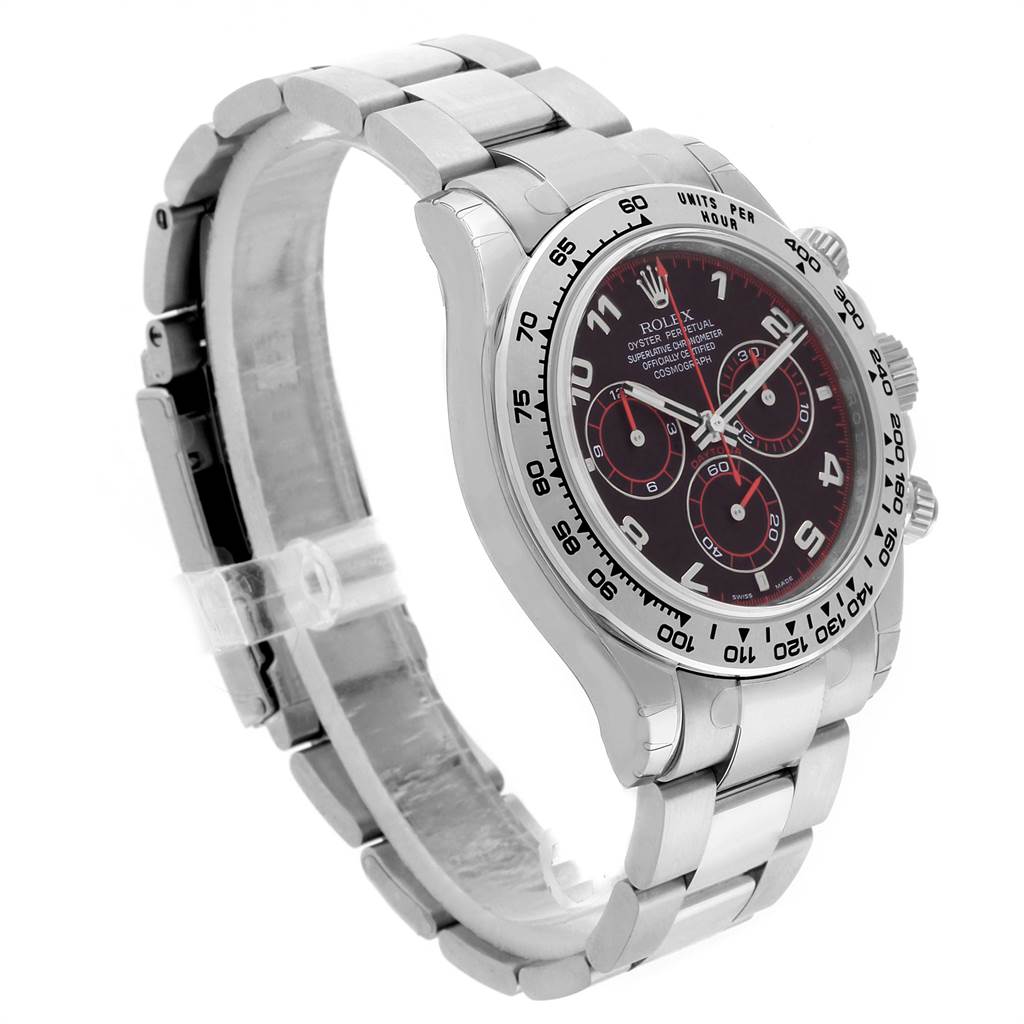 The image shows a Rolex Daytona 116509 Men's White Gold Black Dial 116509 Men's White Gold Black Dial watch at an angled view, highlighting the bracelet, case, and face with subdials and a tachymeter bezel.