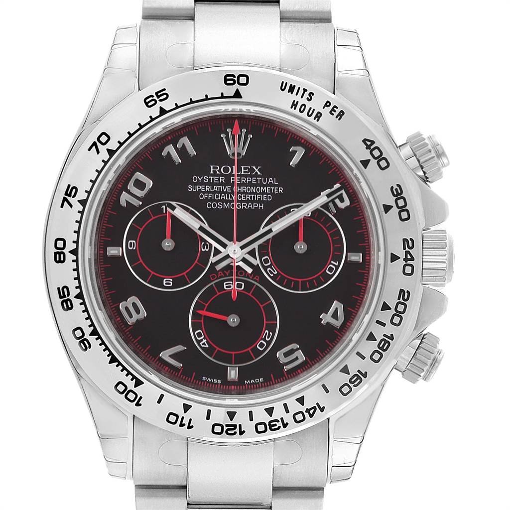 The image shows a frontal view of the Rolex Daytona 116509 Men's White Gold Black Dial 116509 Men's White Gold Black Dial watch, highlighting its dial, bezel, and bracelet.