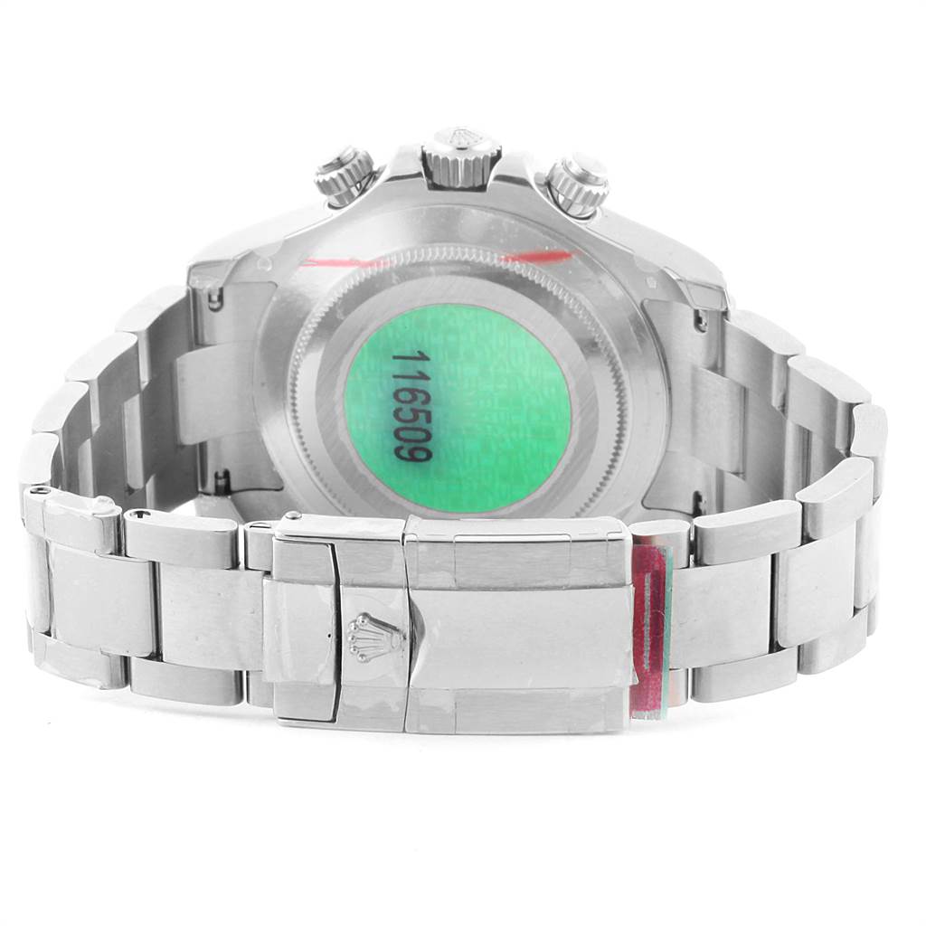 This image shows the back view of a Rolex Daytona 116509 Men's White Gold Black Dial 116509 Men's White Gold Black Dial watch, focusing on the case back and metal bracelet clasp.