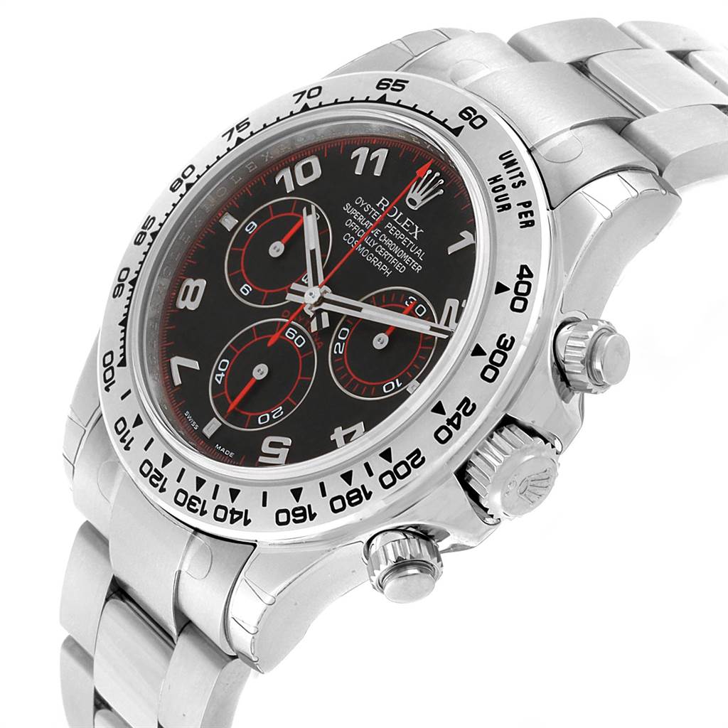 The image shows a Rolex Daytona 116509 Men's White Gold Black Dial 116509 Men's White Gold Black Dial watch at an oblique angle, highlighting the face, bezel, and bracelet.