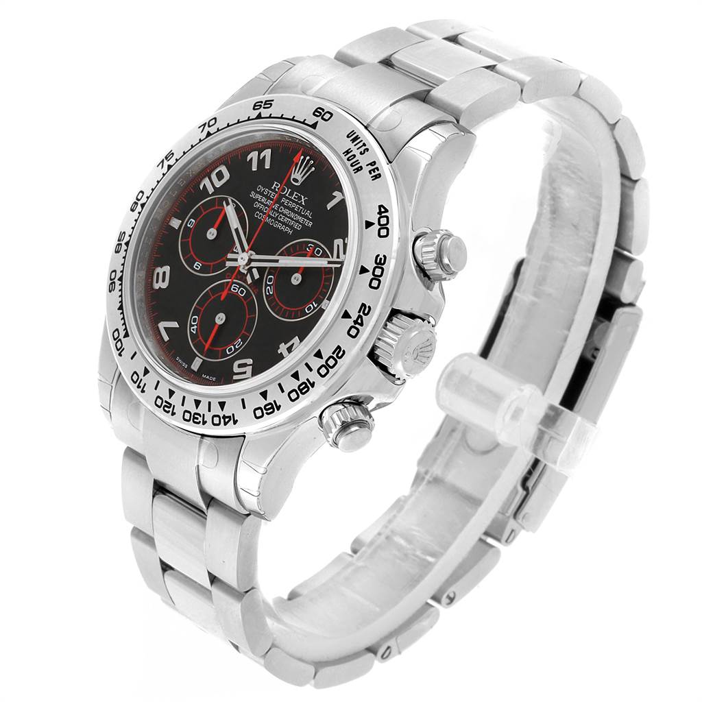 The image shows a side angle of the Rolex Daytona 116509 Men's White Gold Black Dial 116509 Men's White Gold Black Dial watch, highlighting its face, bezel, band, and pushers.