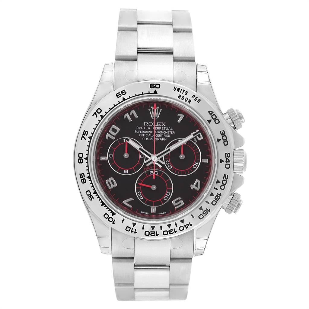 The image shows a front view of a Rolex Daytona 116509 Men's White Gold Black Dial 116509 Men's White Gold Black Dial watch, highlighting its face, bezel, and stainless steel bracelet.