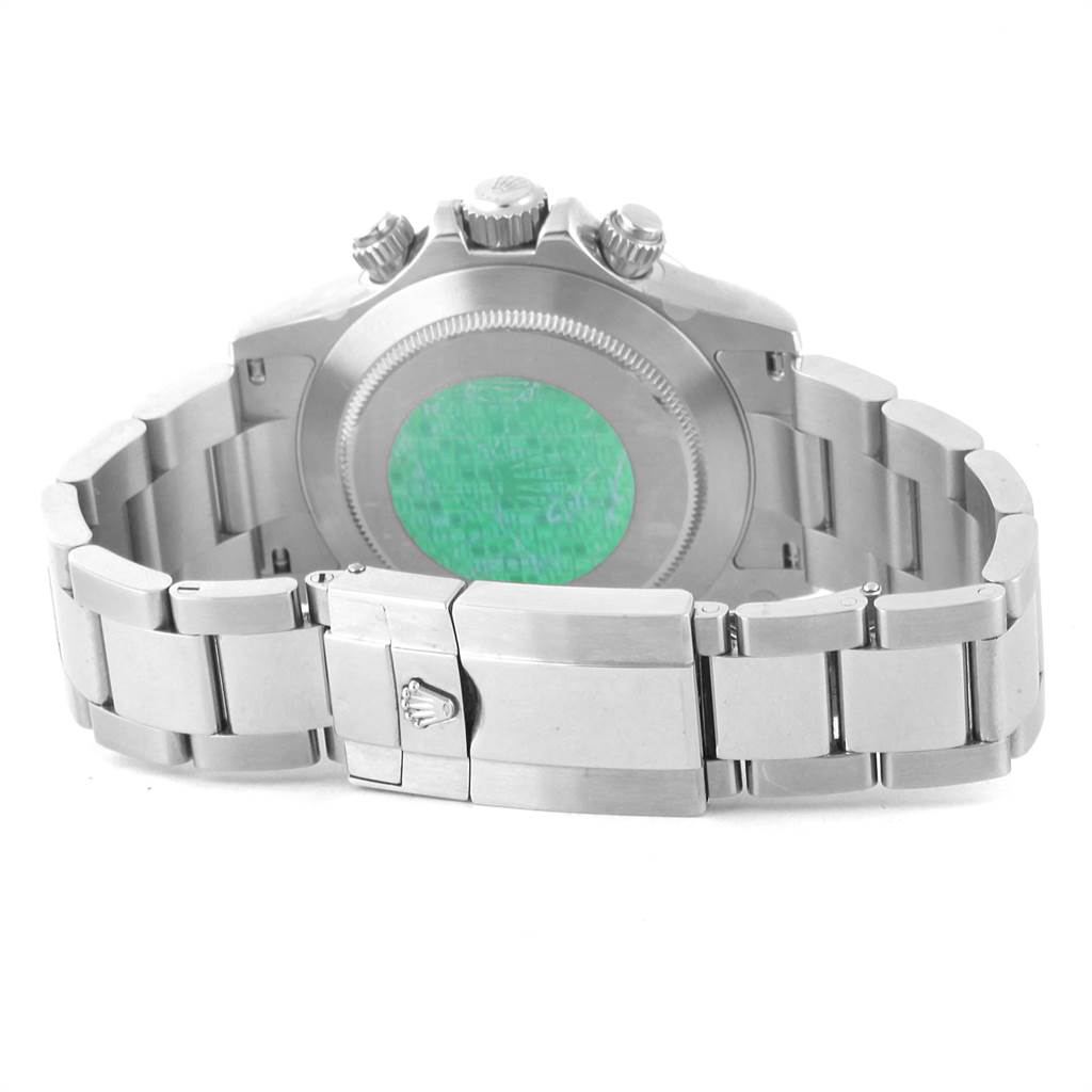 This image shows the back view of a Rolex Daytona 116520 Men's Stainless Steel Black Dial 116520 Men's Stainless Steel Black Dial watch, highlighting the clasp and case back with the brand logo.