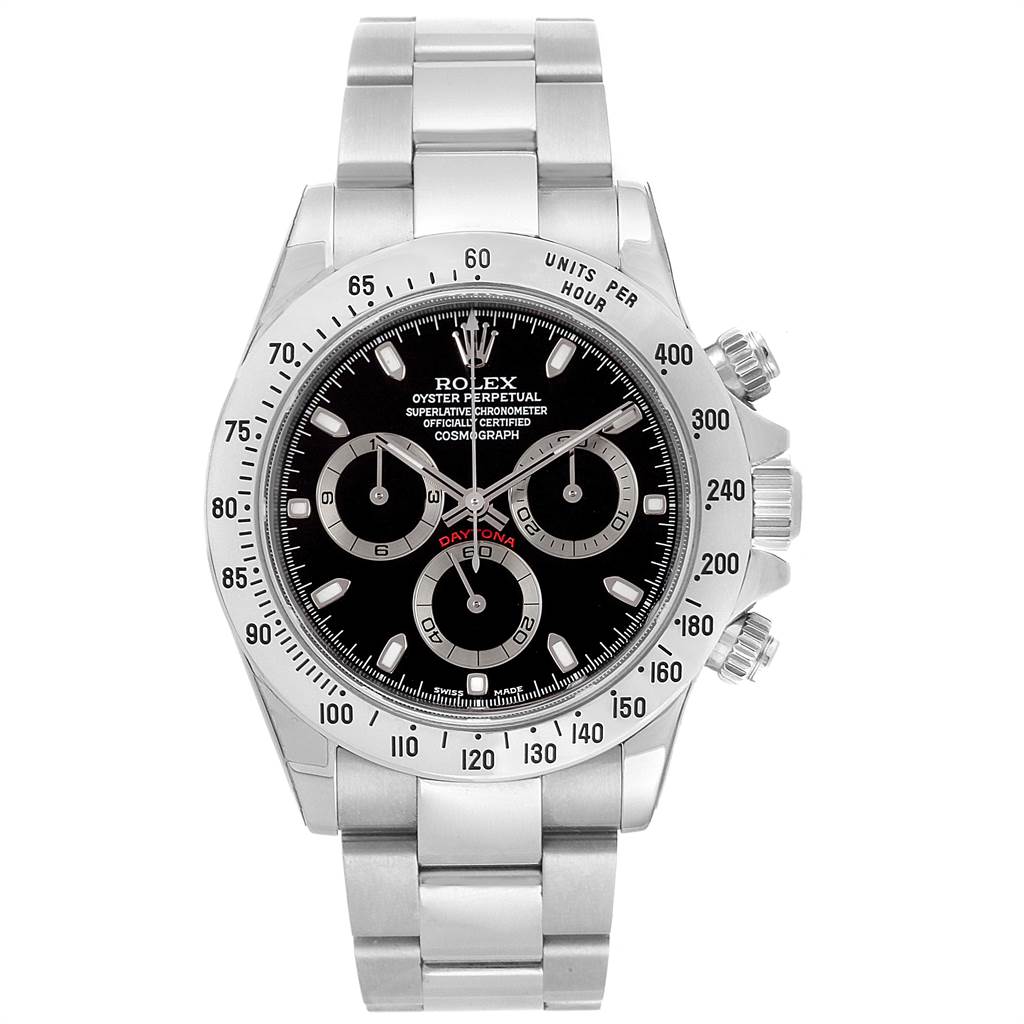 This image shows a front view of the Rolex Daytona 116520 Men's Stainless Steel Black Dial 116520 Men's Stainless Steel Black Dial watch, displaying its face, bezel, and metal bracelet.