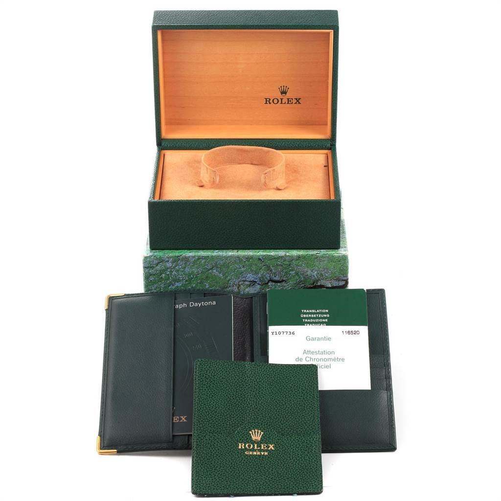 The image shows a Rolex Daytona 116520 Men's Stainless Steel Black Dial 116520 Men's Stainless Steel Black Dial watch box, warranty card, and accompanying booklets.