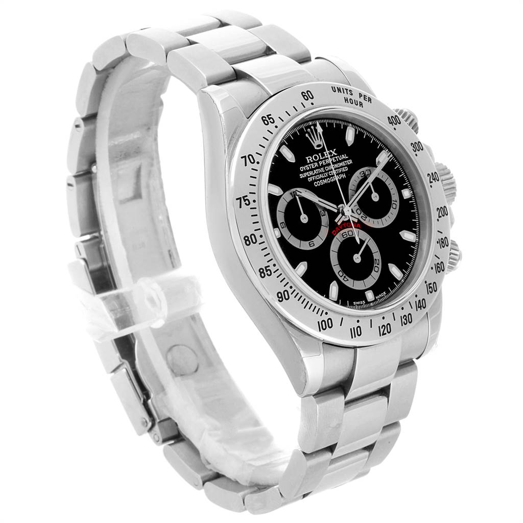 The image shows a Rolex Daytona 116520 Men's Stainless Steel Black Dial 116520 Men's Stainless Steel Black Dial watch at a three-quarter angle, displaying its face, crown, and stainless steel bracelet.