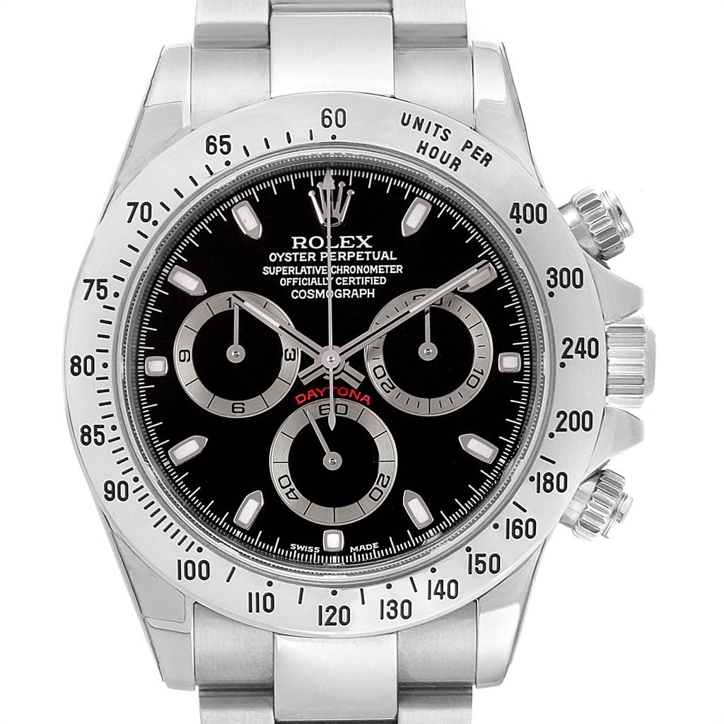 The image shows a front view of a Rolex Daytona 116520 Men's Stainless Steel Black Dial 116520 Men's Stainless Steel Black Dial watch, displaying the face, bezel, and part of the bracelet.