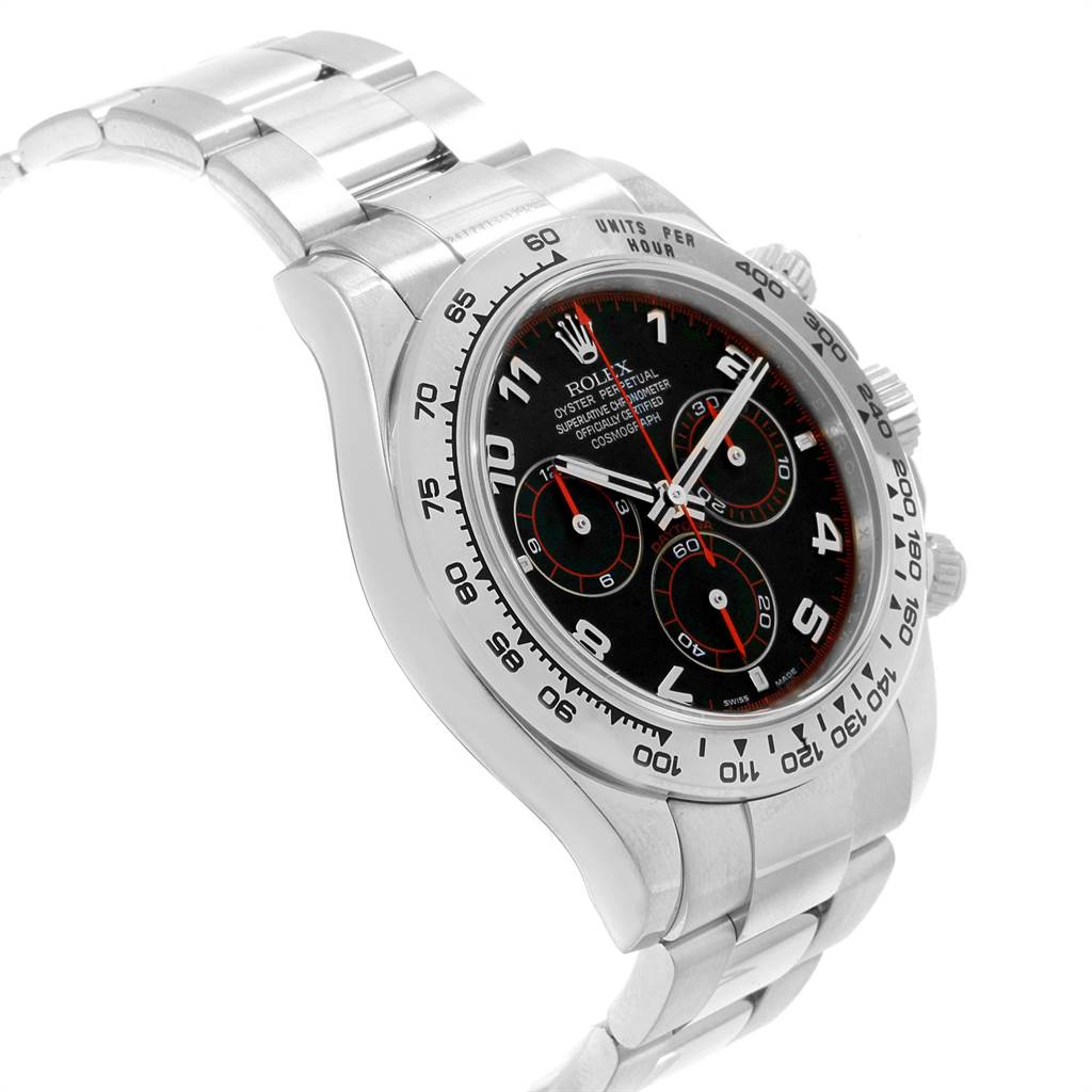 The image shows a side and front angle of a Rolex Daytona 116509 Men's White Gold Black Dial 116509 Men's White Gold Black Dial watch, highlighting the bezel, dial, and part of the bracelet.