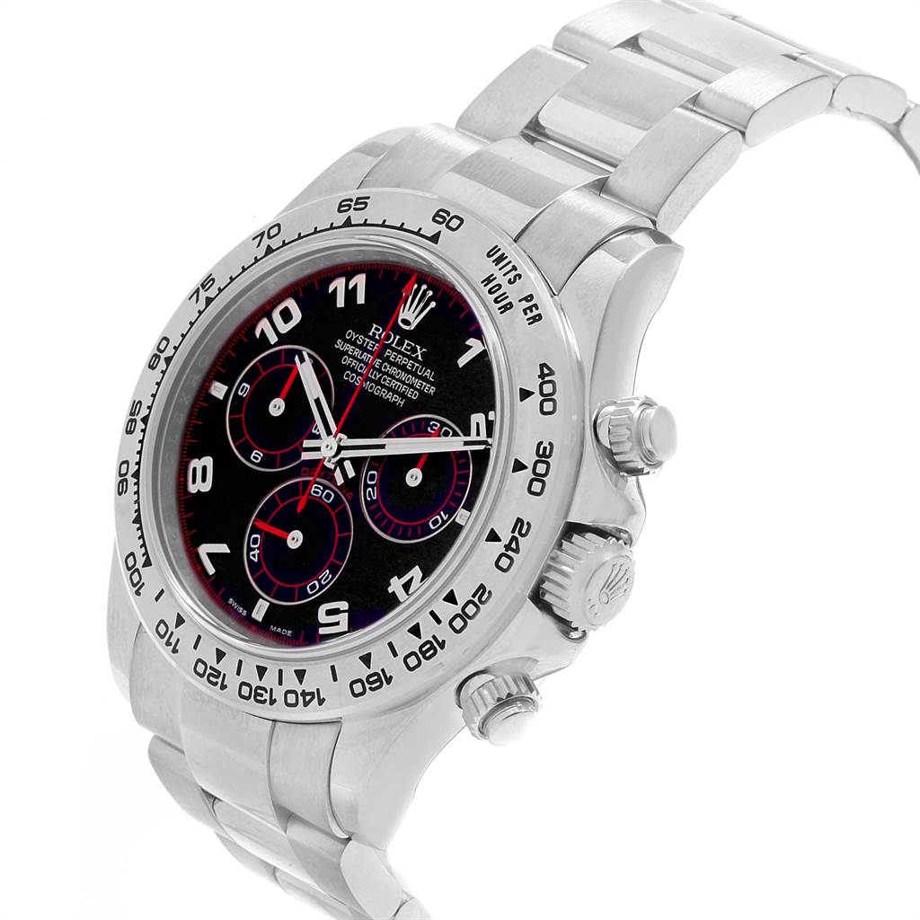 The image shows a Rolex Daytona 116509 Men's White Gold Black Dial 116509 Men's White Gold Black Dial watch from a three-quarter angle, highlighting the face, bezel, crown, and bracelet.