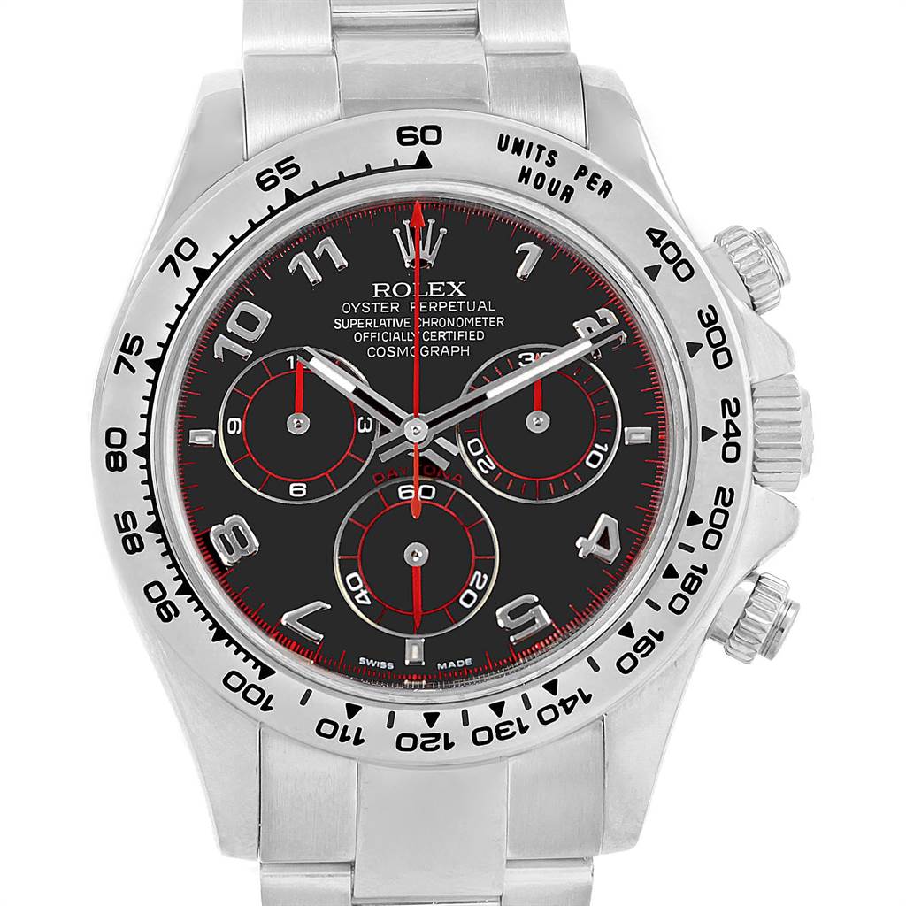 This is a front view of a Rolex Daytona 116509 Men's White Gold Black Dial 116509 Men's White Gold Black Dial watch showing the dial, subdials, bezel with tachymeter, and part of the bracelet.