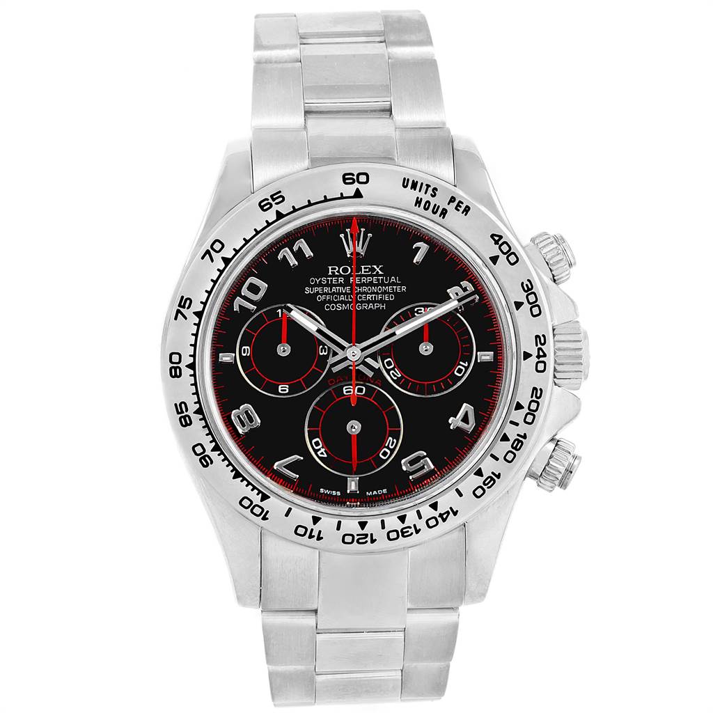 The image shows a front view of a Rolex Daytona 116509 Men's White Gold Black Dial 116509 Men's White Gold Black Dial watch, highlighting its black dial, chronograph sub-dials, and stainless steel bracelet.