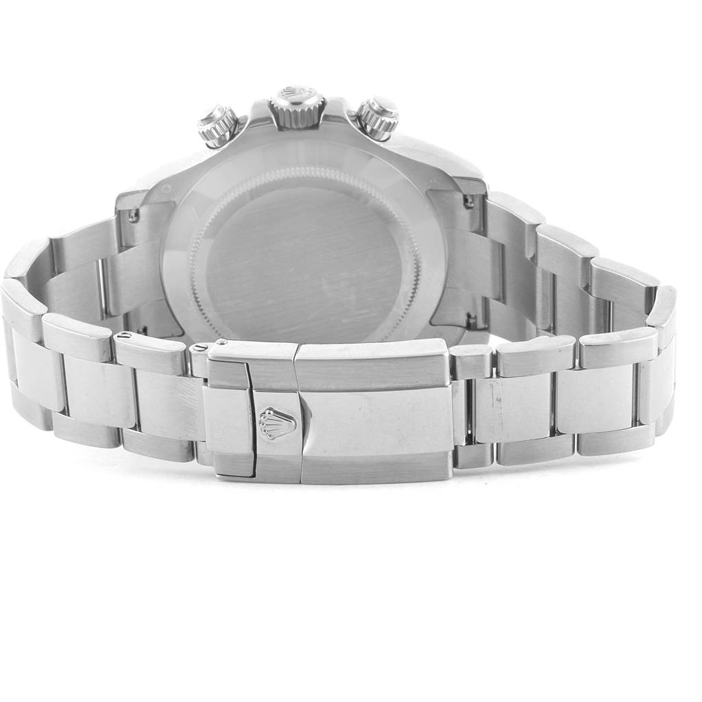 This image shows the back and clasp of the Rolex Daytona 116509 Men's White Gold Black Dial 116509 Men's White Gold Black Dial watch, displaying its case back and metal bracelet.