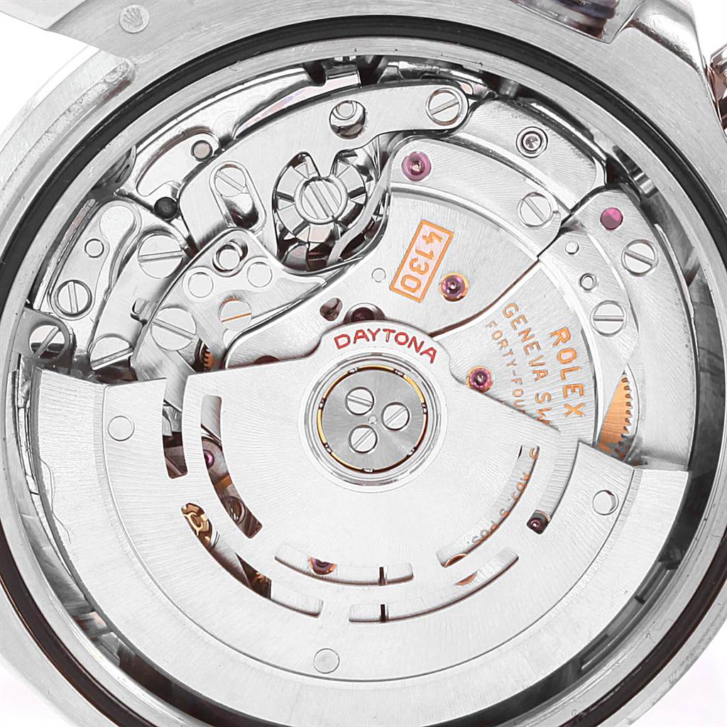 This is a close-up of the Rolex Daytona 116509 Men's White Gold Black Dial 116509 Men's White Gold Black Dial watch's movement, displaying intricate mechanical parts and engravings.