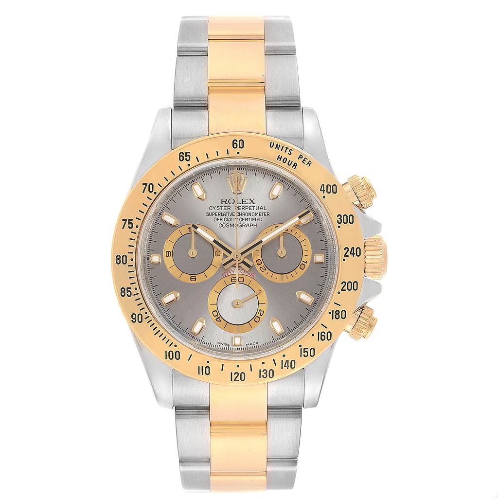 This image shows a front view of a Rolex Daytona 116523 Men's Steel and Gold (two tone) Grey Dial 116523 Men's Steel and Gold (two tone) Grey Dial watch, featuring a grey dial, gold bezel, and two-tone metal bracelet.