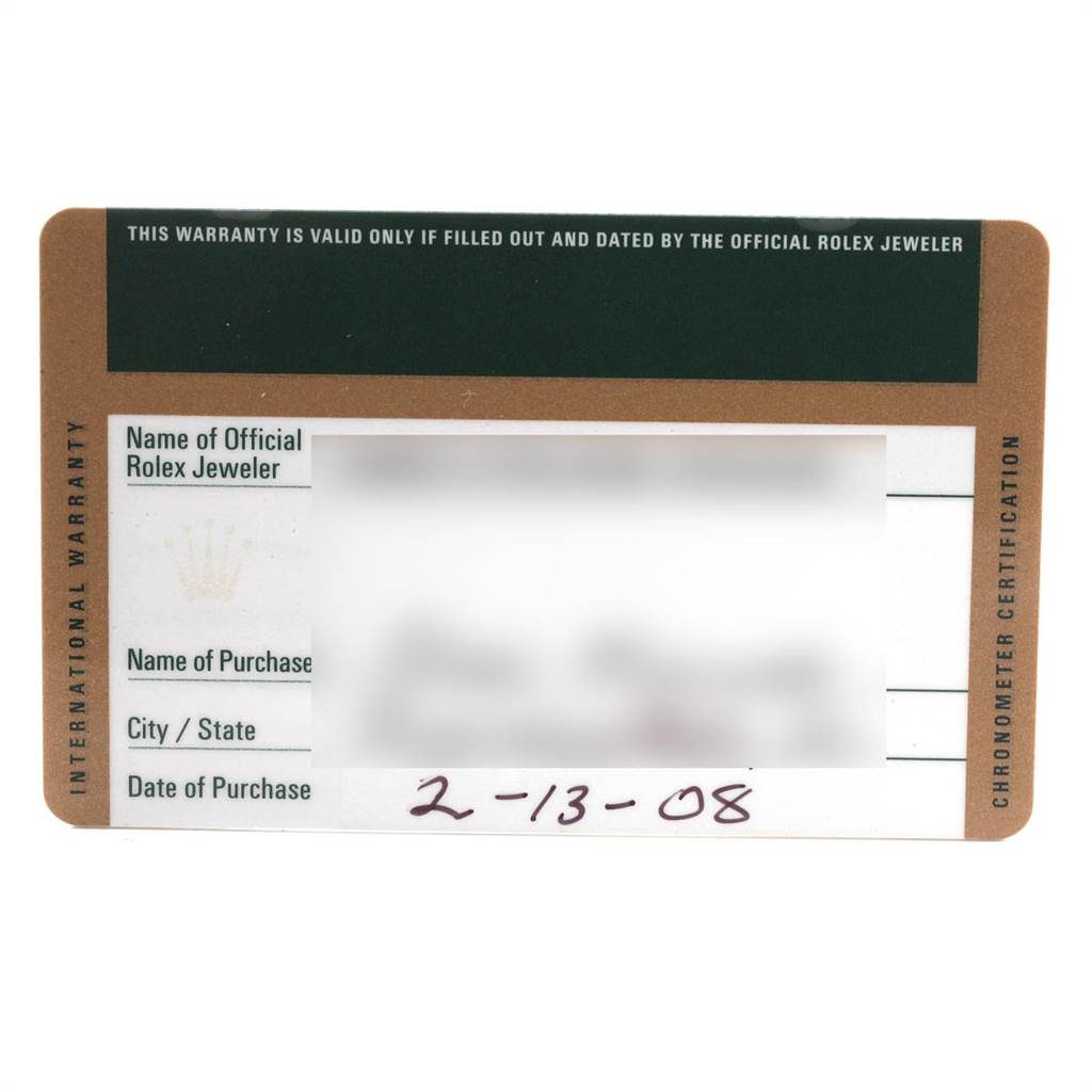 This is an image of the official warranty card for a Rolex Daytona 116523 Men's Steel and Gold (two tone) Grey Dial 116523 Men's Steel and Gold (two tone) Grey Dial watch, showing its purchase details and certification.