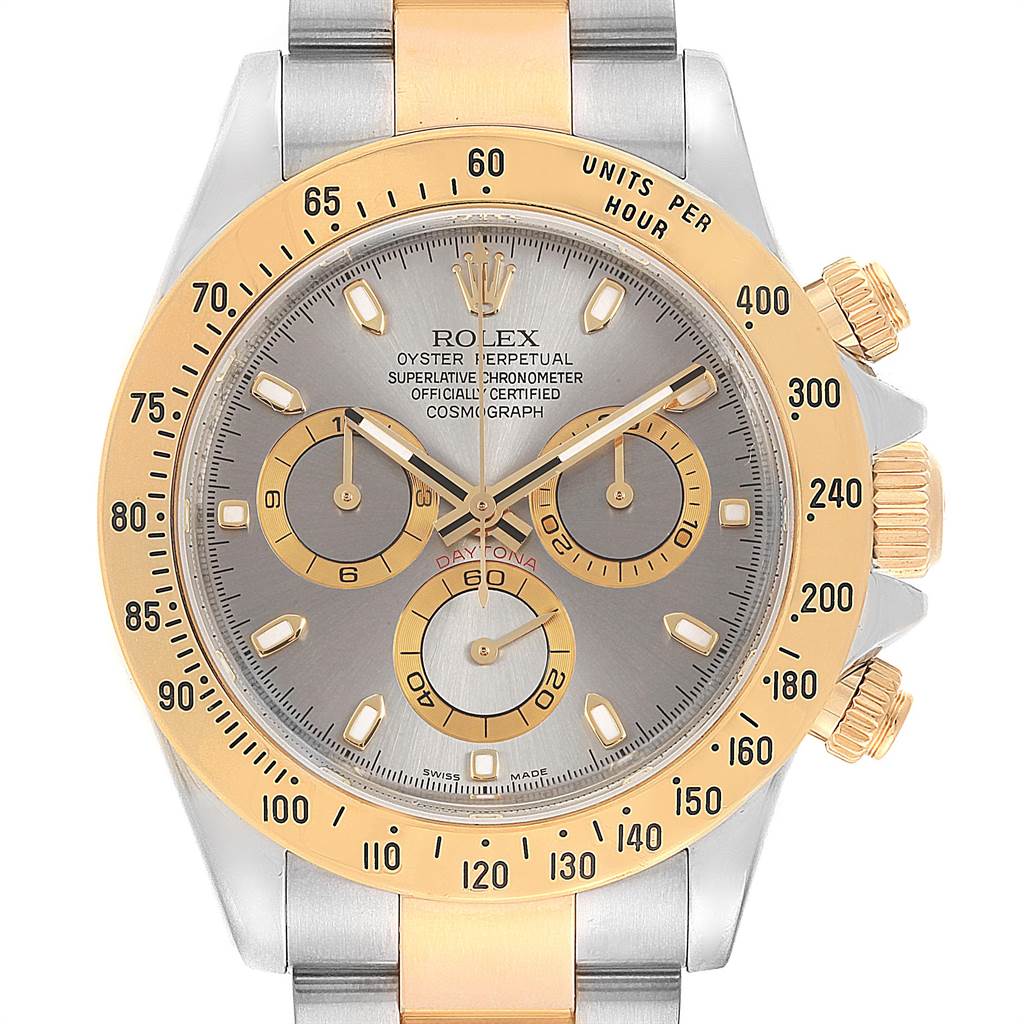 This image shows a front view of a Rolex Daytona 116523 Men's Steel and Gold (two tone) Grey Dial 116523 Men's Steel and Gold (two tone) Grey Dial watch, highlighting its gold and silver bezel, dial, and chronograph subdials.