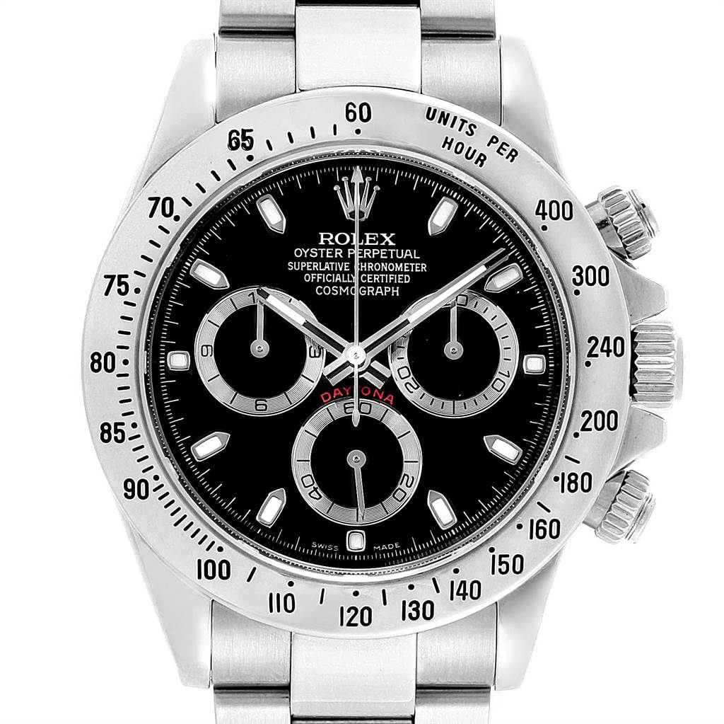 This image shows the front view of a Rolex Daytona 116520 Men's Stainless Steel Black Dial 116520 Men's Stainless Steel Black Dial watch, displaying its dial, bezel, pushers, and crown.
