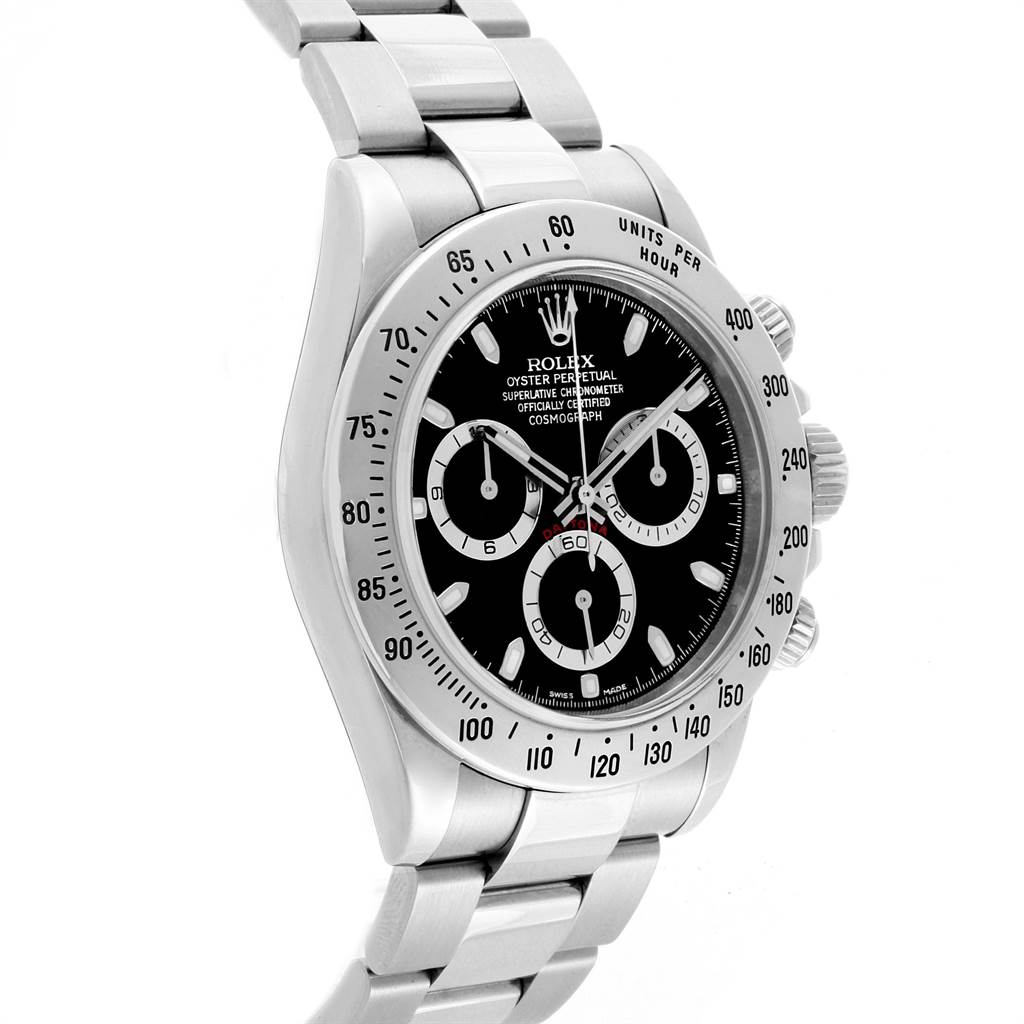 This image shows a side angle of the Rolex Daytona 116520 Men's Stainless Steel Black Dial 116520 Men's Stainless Steel Black Dial watch highlighting its dial, bezel, and chronograph pushers.