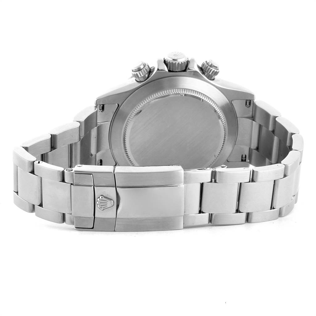 This image shows the back view of a Rolex Daytona 116520 Men's Stainless Steel Black Dial 116520 Men's Stainless Steel Black Dial watch, highlighting the case, bracelet, and clasp.