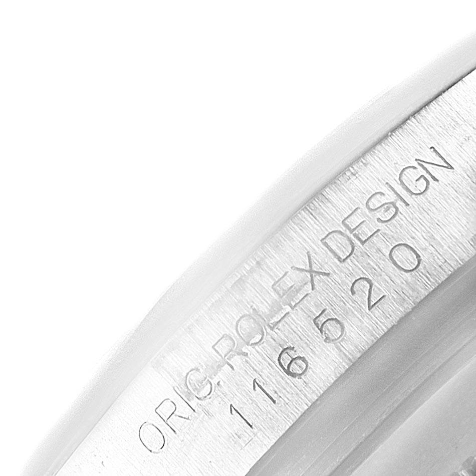 This image shows a close-up of the engraved case side with the model number of the Rolex Daytona 116520 Men's Stainless Steel Black Dial 116520 Men's Stainless Steel Black Dial watch.