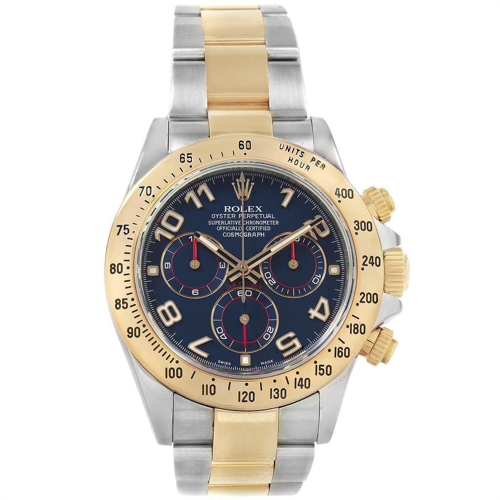 This image shows a front view of a Rolex Daytona 116523 Men's Steel and Gold (two tone) Blue Dial 116523 Men's Steel and Gold (two tone) Blue Dial watch, highlighting its face, bezel, and bi-metal bracelet.