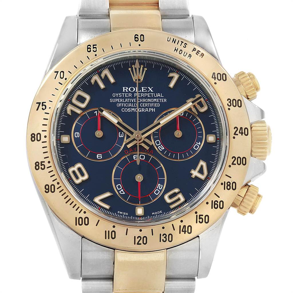 The image shows a front view of the Rolex Daytona 116523 Men's Steel and Gold (two tone) Blue Dial 116523 Men's Steel and Gold (two tone) Blue Dial watch, highlighting the face, bezel, and part of the band.