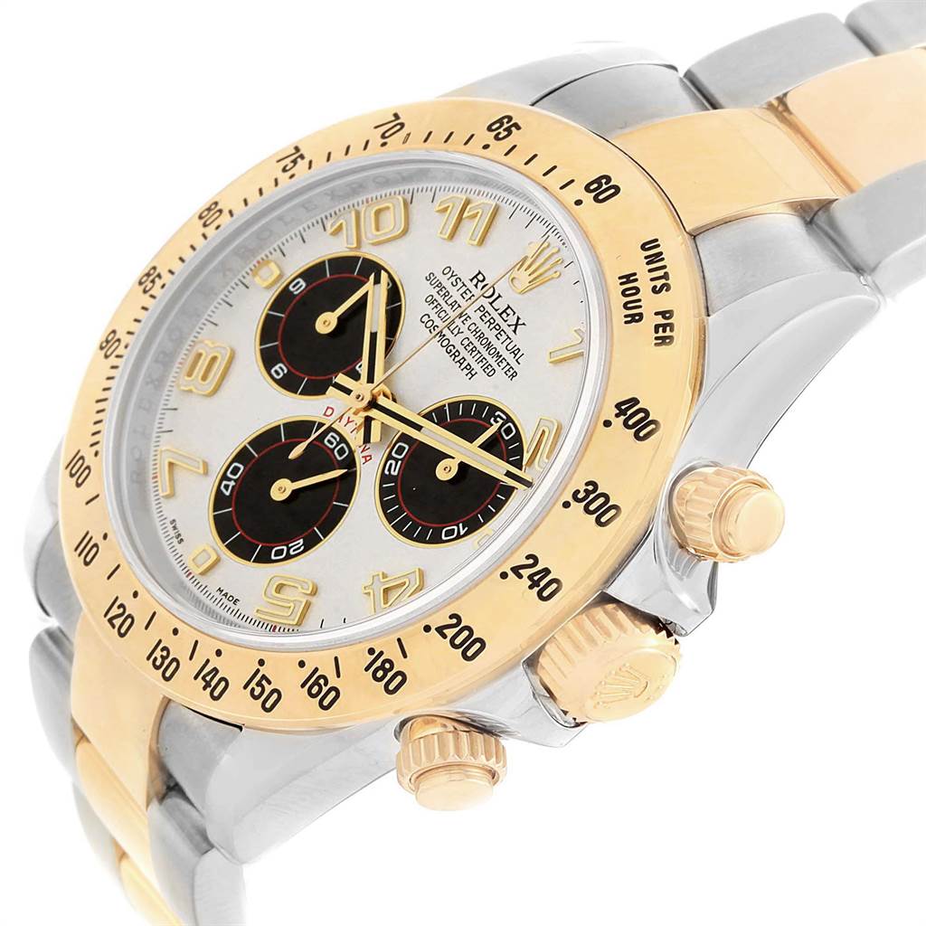 The image shows a side angle of a Rolex Daytona 116523 Men's Steel and Gold (two tone) White Dial 116523 Men's Steel and Gold (two tone) White Dial watch, highlighting its bezel, dial, crown, and links of the bracelet.