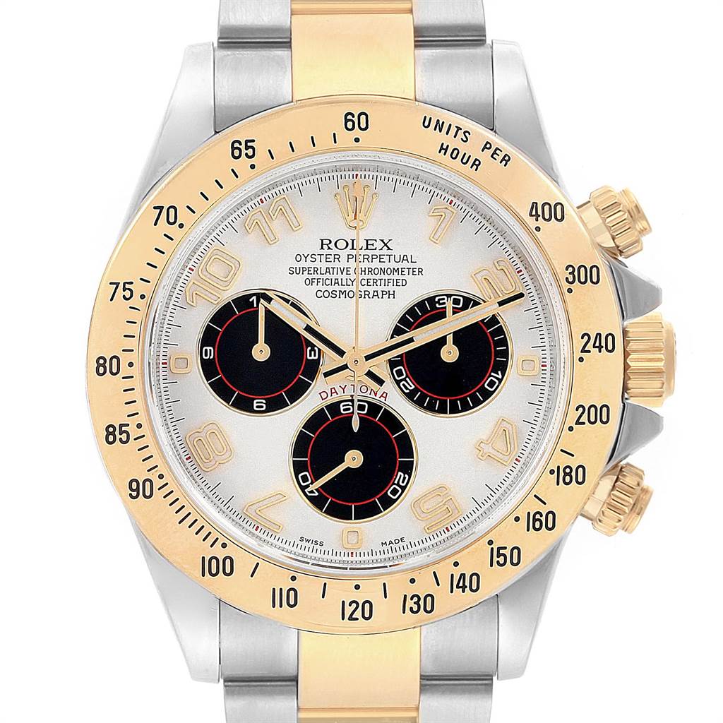 This image shows a frontal view of a Rolex Daytona 116523 Men's Steel and Gold (two tone) White Dial 116523 Men's Steel and Gold (two tone) White Dial watch, highlighting its face, bezel, and chronograph subdials.