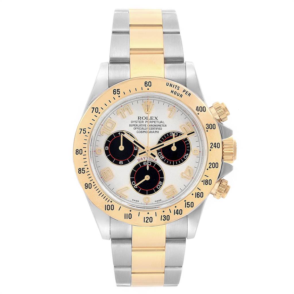 This image shows a front view of a Rolex Daytona 116523 Men's Steel and Gold (two tone) White Dial 116523 Men's Steel and Gold (two tone) White Dial watch, displaying its face, bezel, crown, pushers, and bracelet.